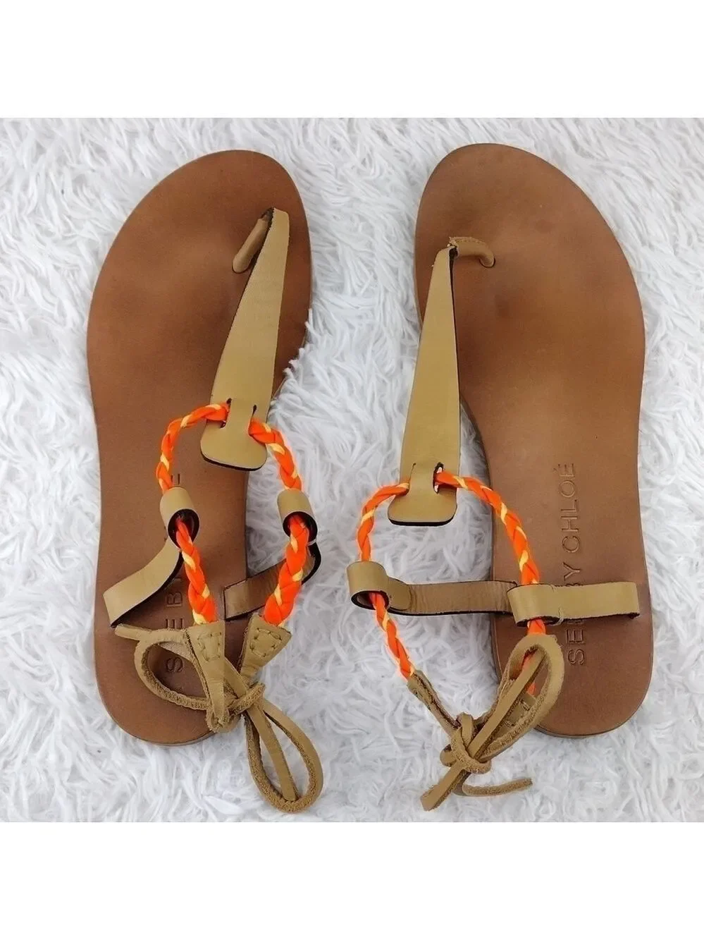 See By Chloe Tan Leather Almond Toe Thong Braided T-Strap Ankle Lace Sandal Shoe